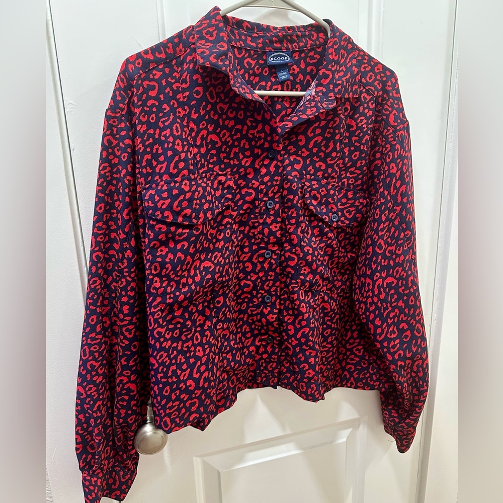 Leopard Print Scoop Buttoned Up Long Sleeve Shirt Sz L